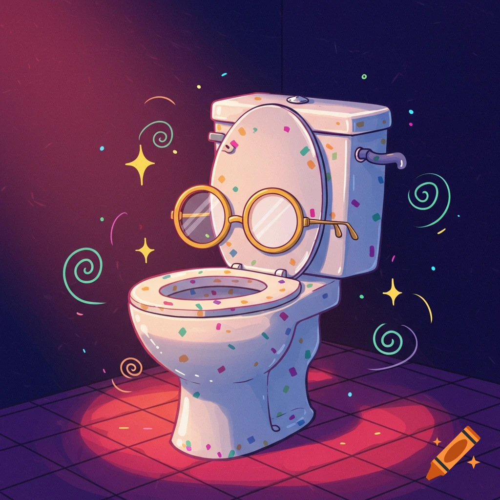 A cartoon toilet covered in colorful sprinkles, wearing large round glasses, bathed in red and purple light.