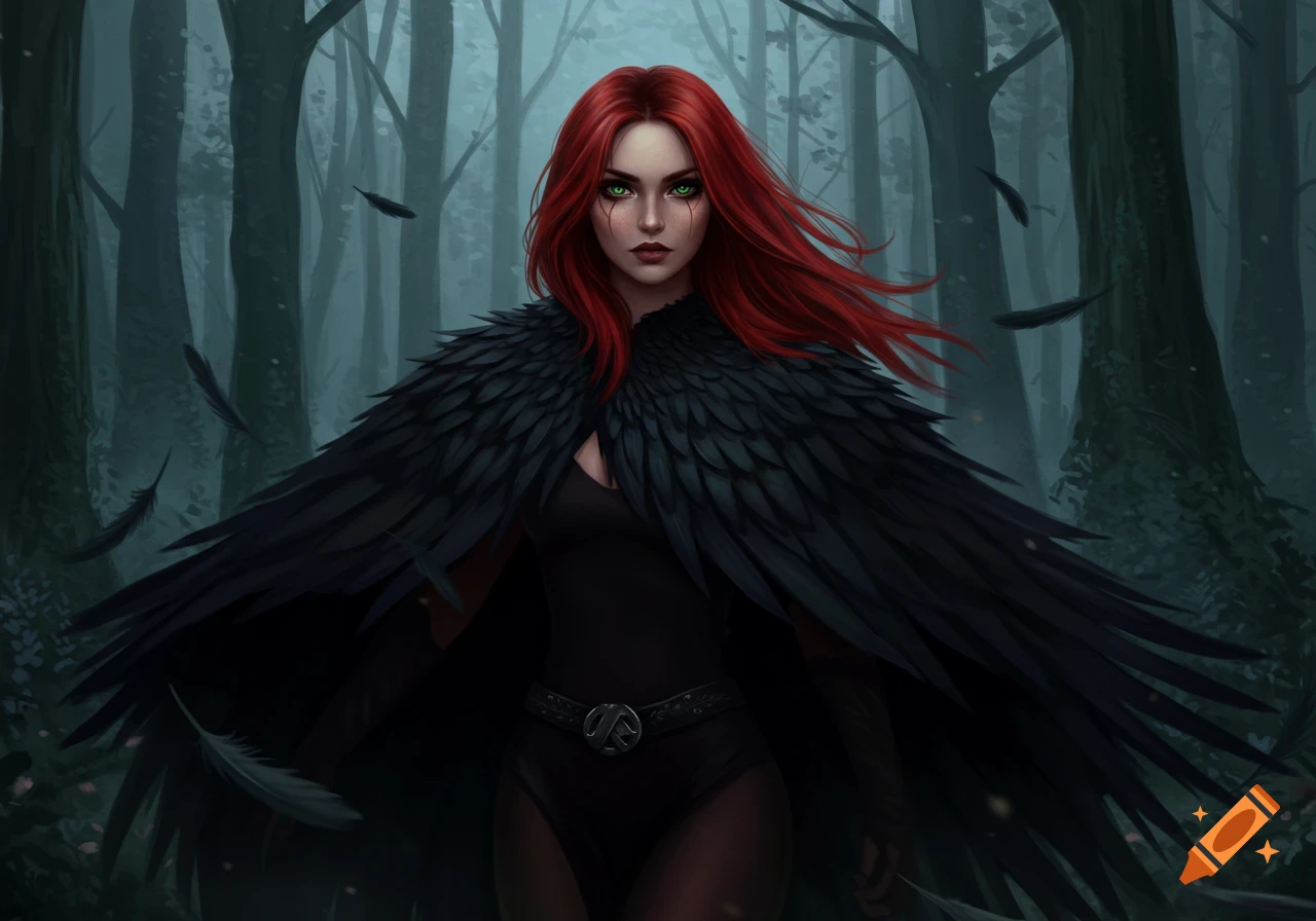 A red-haired woman with green eyes and a black feather cape stands in a dark, misty forest in a digital painting.