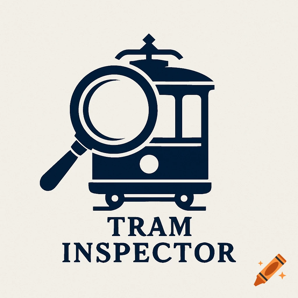 A dark blue logo showing a magnifying glass over a tram icon with the words "TRAM INSPECTOR" below on a light background.