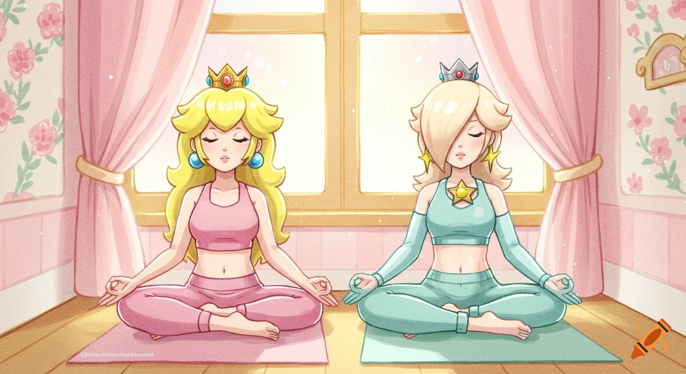 Princess Peach and Rosalina meditate in a pink room, wearing yoga attire, in a watercolor style.