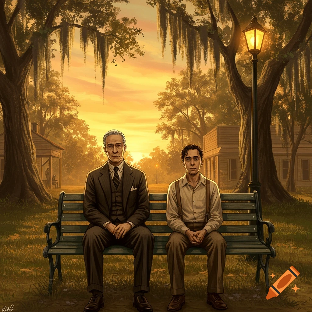 Two men in vintage suits sit on a park bench under Spanish moss trees at sunset, in an illustrative style.