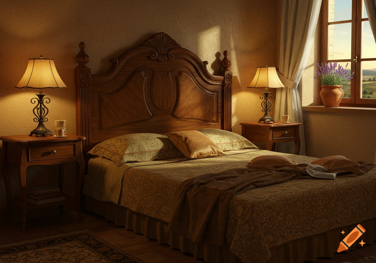 A warm, sunlit Tuscan bedroom with a large carved wooden bed, two nightstands with lamps, and a window overlooking a scenic landscape.