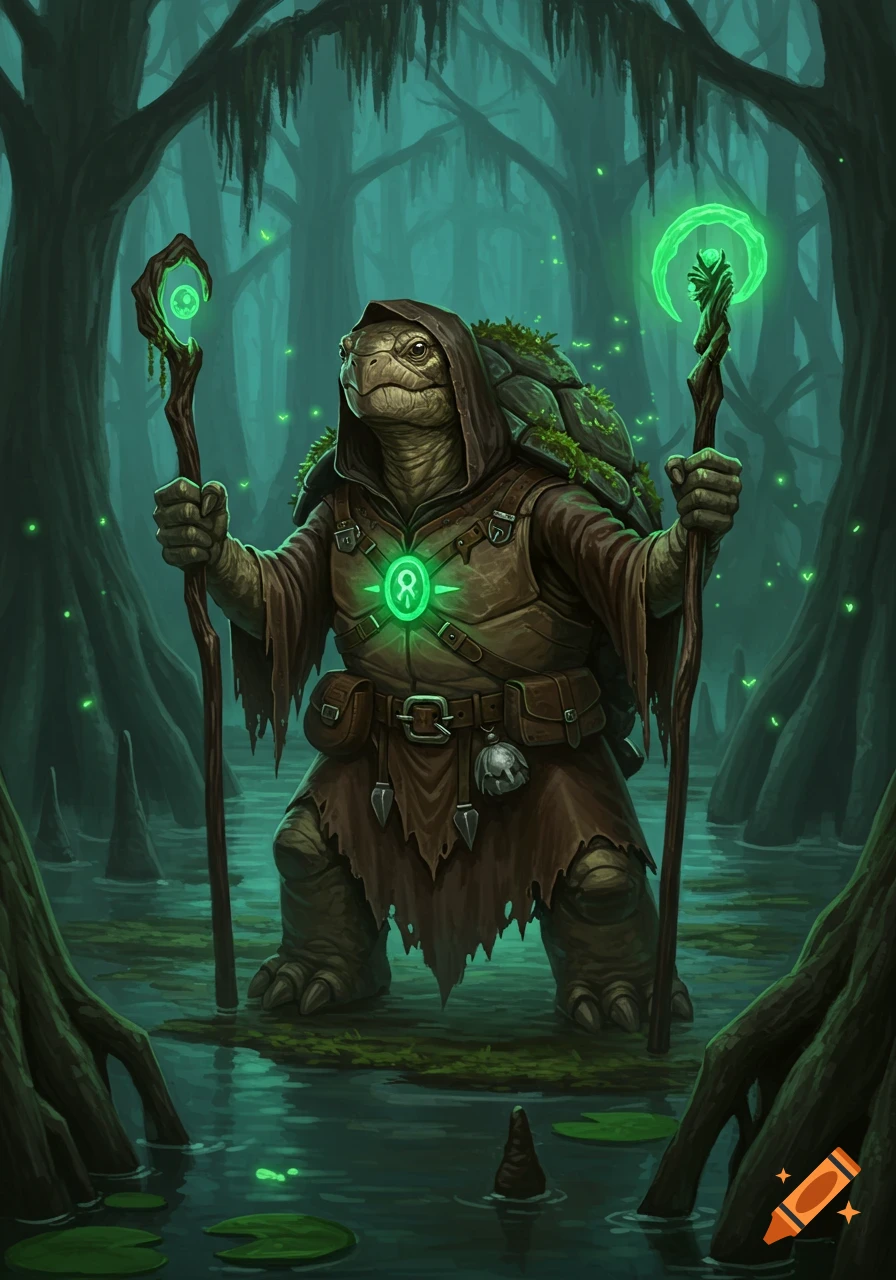 A hooded tortle warlock with glowing green symbols on its chest and staffs stands in a dark, misty swamp.