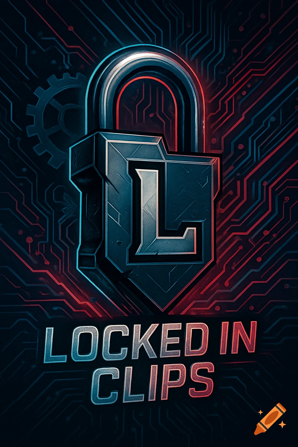 A stylized digital art image of a lock with a large 'L' on it, over a circuit board background with red and blue lines, and the text 'LOCKED IN CLIPS' below.