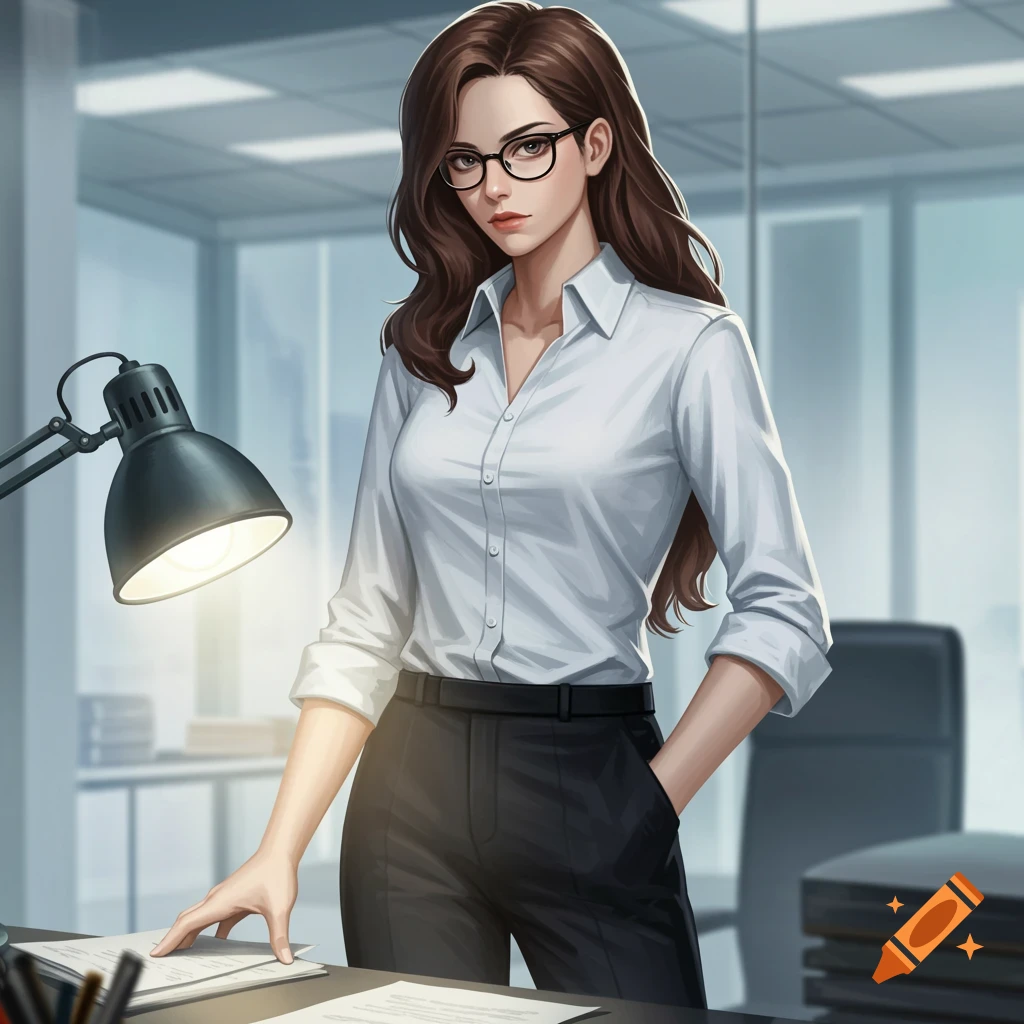 An anime woman with long brown hair and glasses stands at an office desk, wearing a white shirt and black trousers.