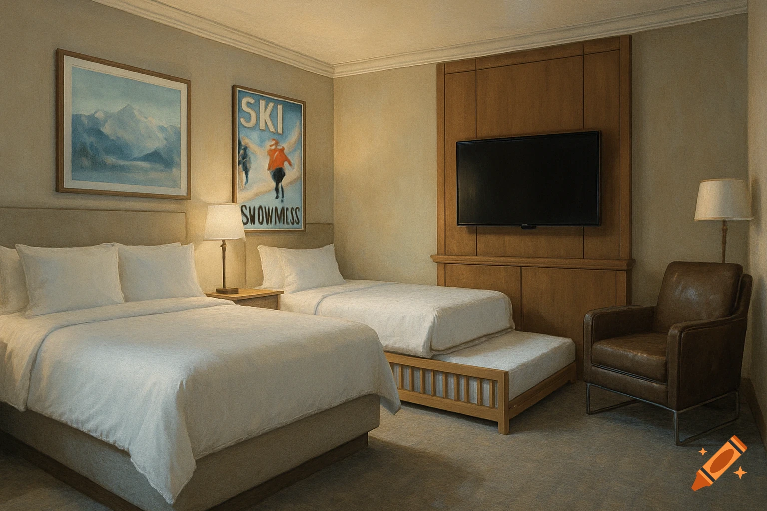 A photorealistic image of a hotel room with two beds, a trundle bed, TV, leather chair, and ski posters.
