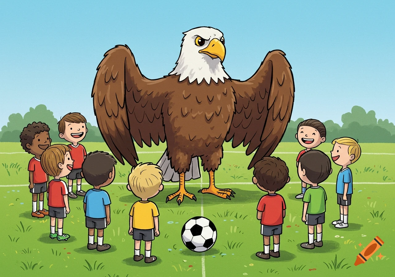 A giant cartoon eagle talks to a group of young soccer players on a field with a soccer ball.