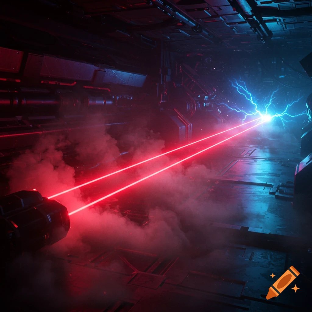 Red laser beams extend through a smoky, dark futuristic corridor towards blue lightning.