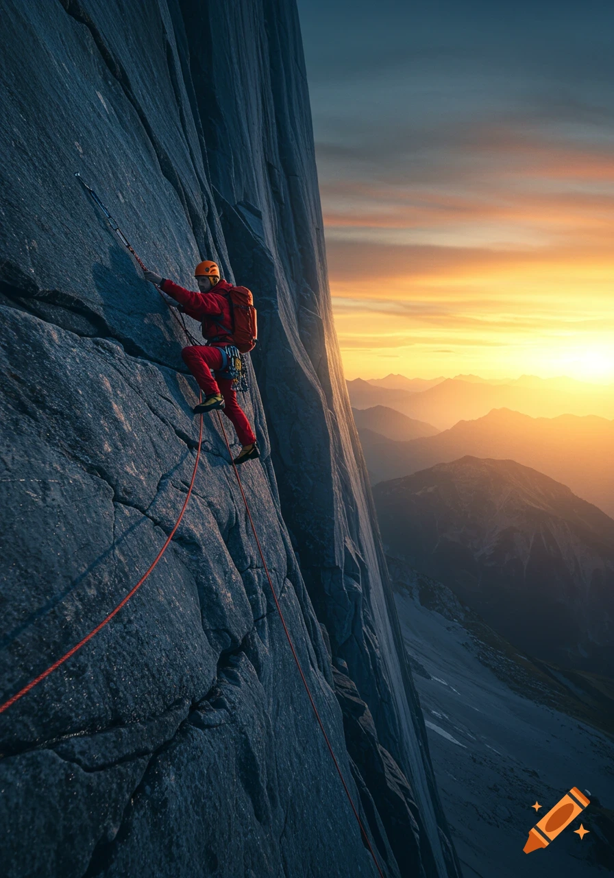 A person in red climbing a steep rock face with a dramatic sunset over mountains in the background.