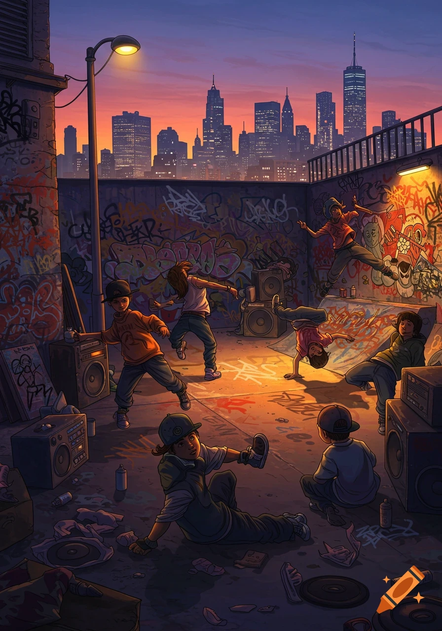 Children breakdancing in a graffiti-covered urban alleyway at sunset with a city skyline, in an animated style.