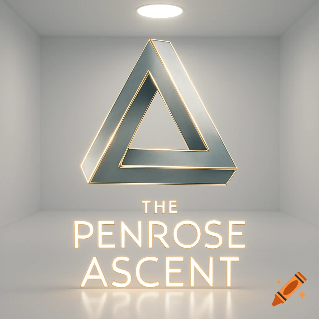 A floating, glowing Penrose triangle above the words 'THE PENROSE ASCENT' in a bright, modern white room with a ceiling light.