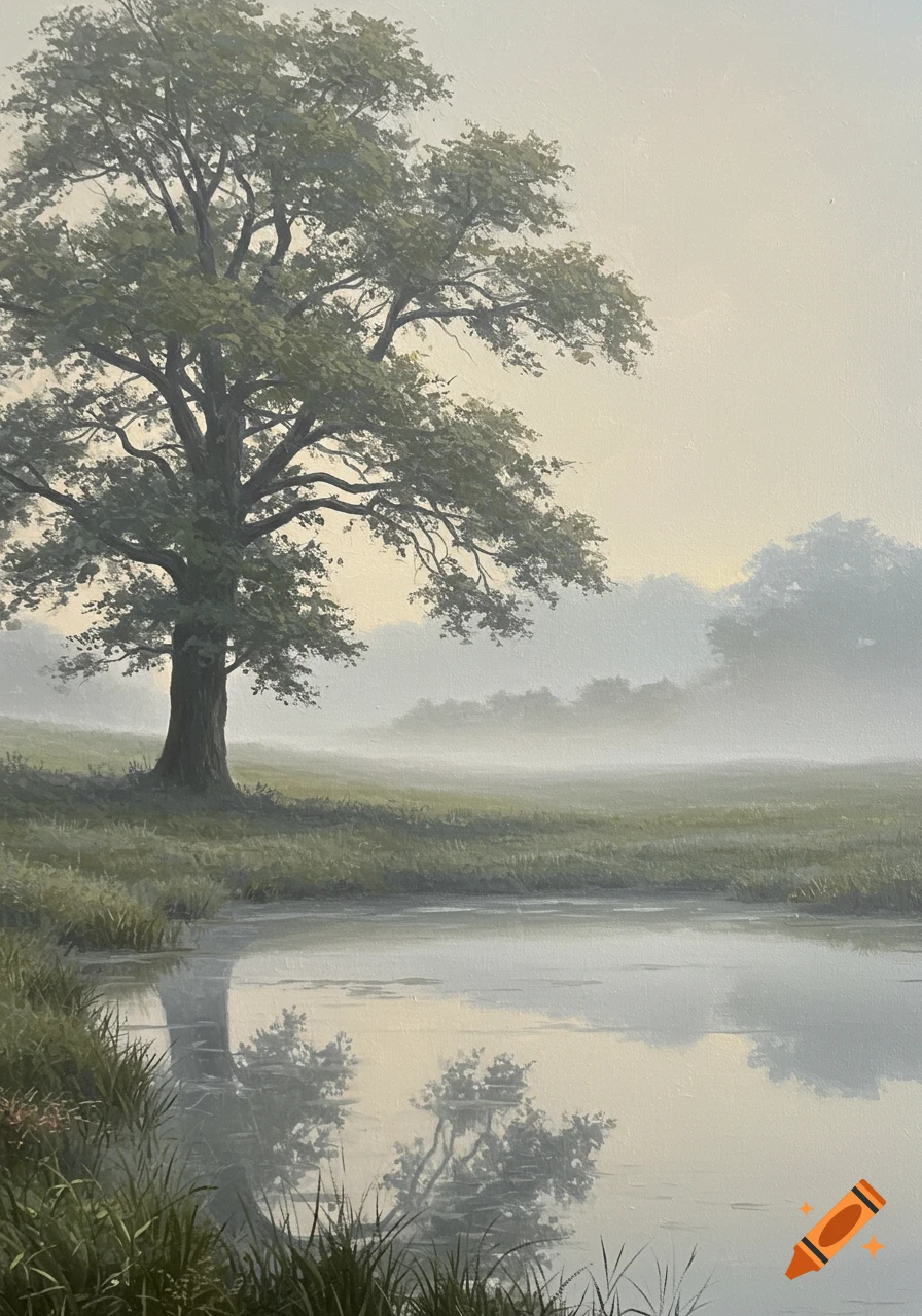 An oil painting depicts a serene misty landscape with a large tree reflected in a still pond, and hazy hills in the background under a soft, muted sky.