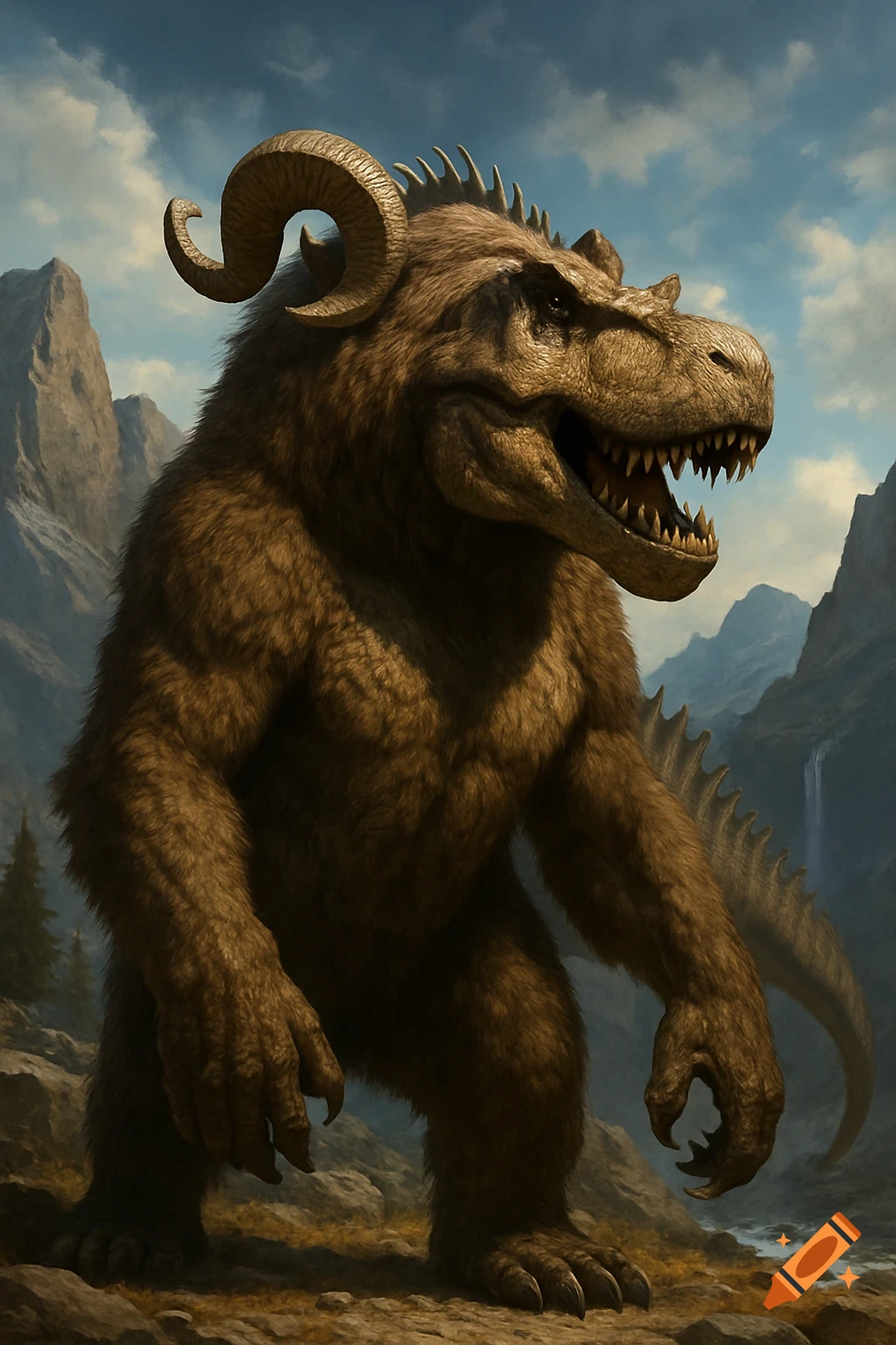 A large, furry, brown creature with a T-rex head, bighorn sheep horns, and bear-like body stands in a mountainous landscape.