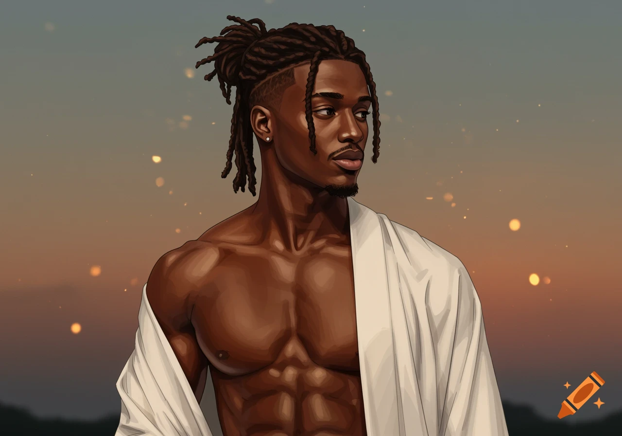 An illustration of a Black man with dreadlocks in a man bun, shirtless under a white robe, looking right against a sunset background.