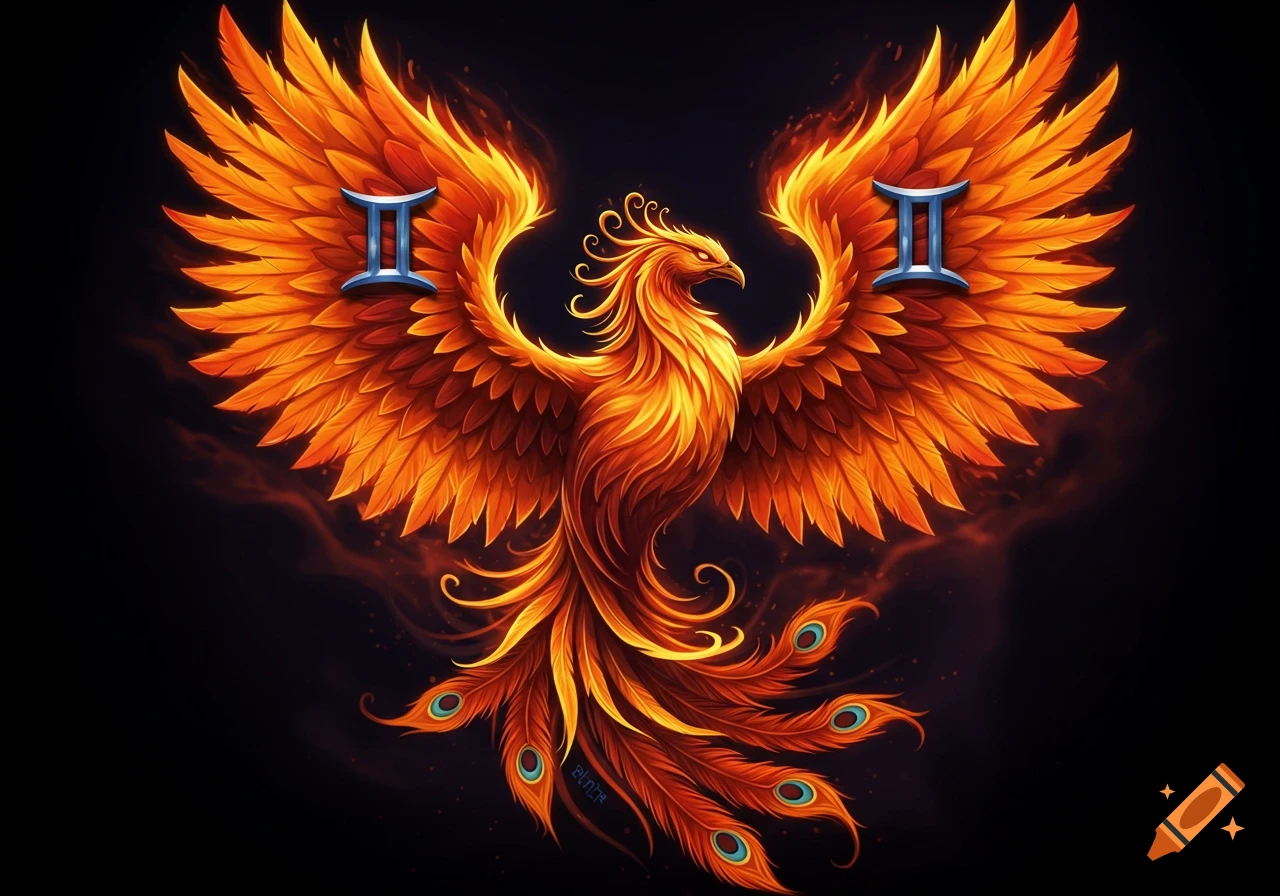A vibrant fiery phoenix with spread wings, featuring two blue Roman numeral 'II' Gemini symbols on its wings, against a dark background, in a tattoo art style.