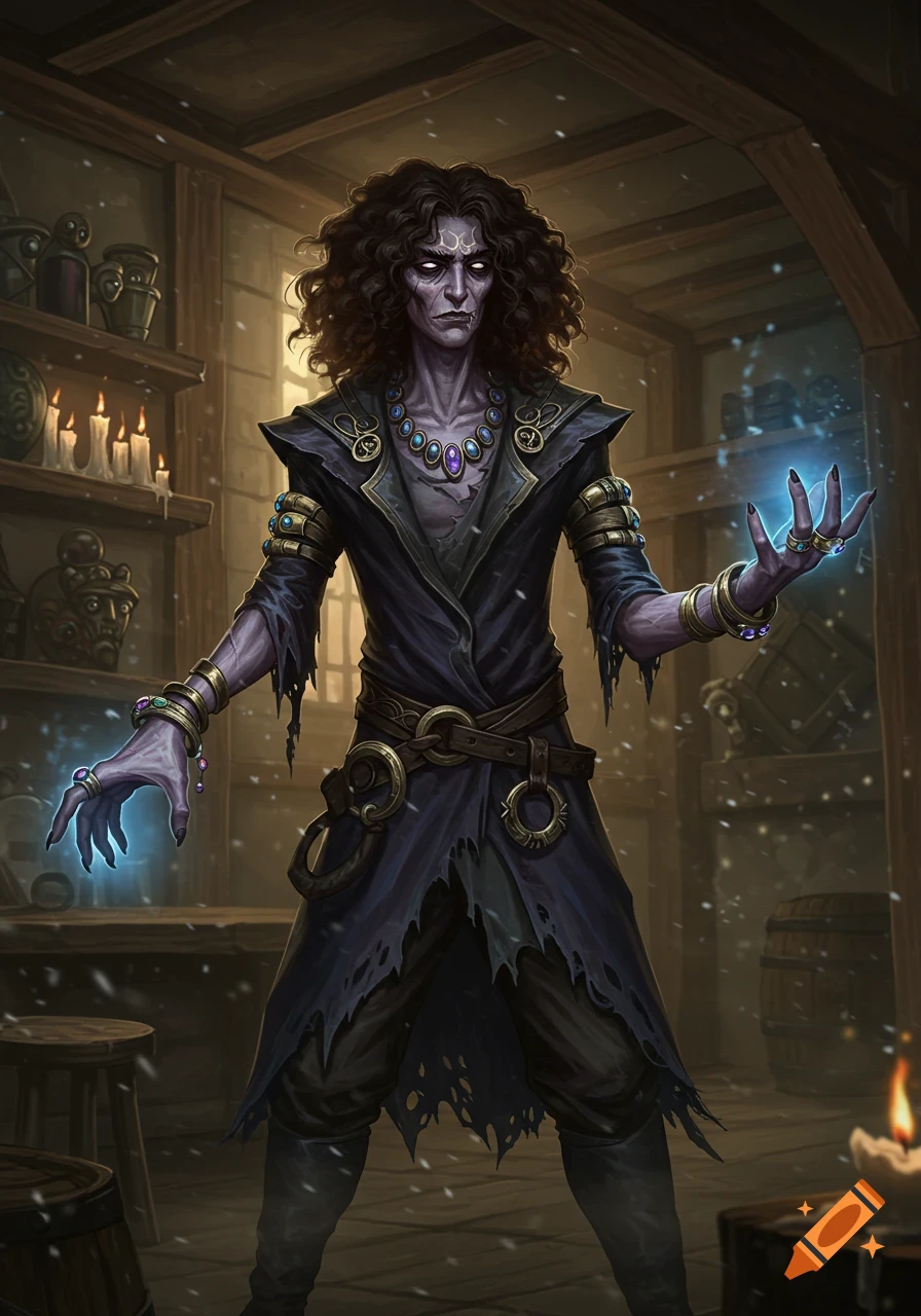 Full-body portrait of a pale, scrawny magic user with dark curly hair, wearing torn dark robes, casting a blue spell in a rustic room.