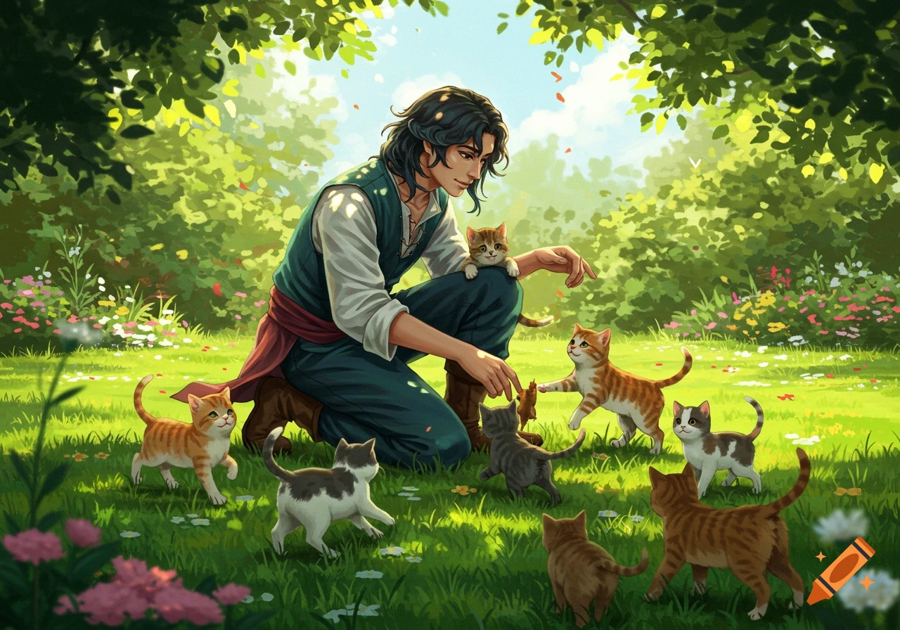 A dark-haired man in a teal vest kneels in a sunny, green field, gently playing with many small kittens in a vibrant digital art style.