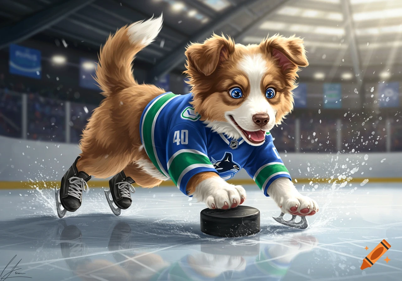 A cute Australian shepherd puppy with blue eyes wearing a blue and green Vancouver Canucks hockey jersey, skating on ice with a puck.