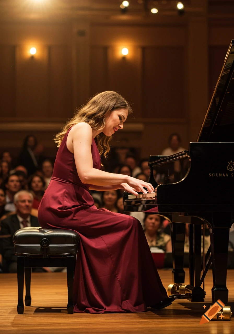 A woman in a red gown plays a grand piano on stage during a concert, with an audience visible in the background.