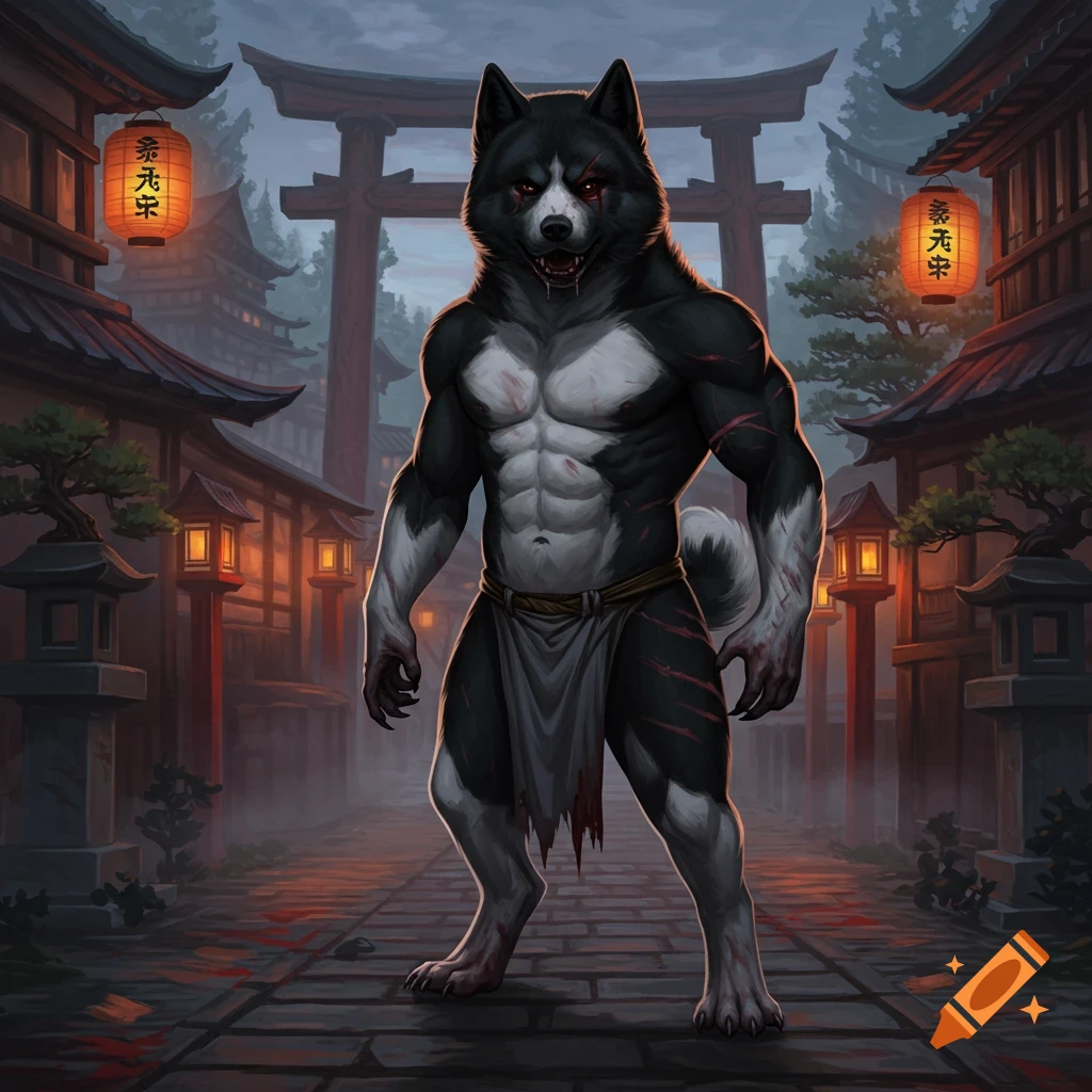 A muscular, black and white anthropomorphic Akita stands on a foggy Japanese street with lanterns and a torii gate. It has red eyes and scratches.
