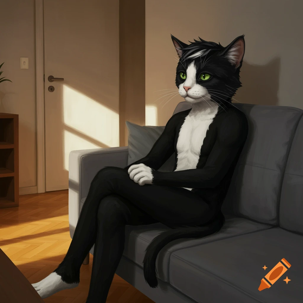 A humanized black and white tuxedo cat with green eyes sits casually on a gray sofa in a softly lit modern living room.