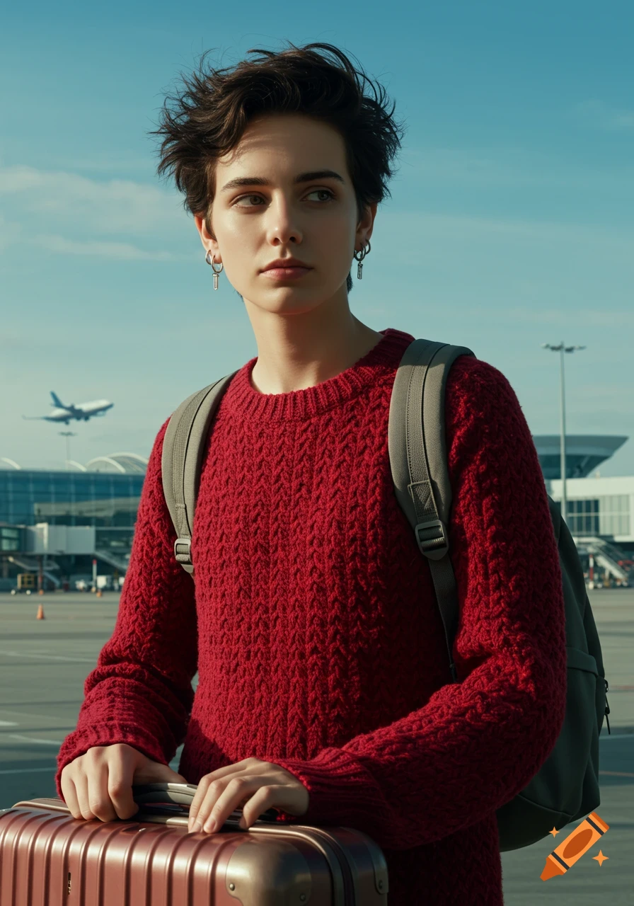 A young person with short dark hair and a red sweater stands at an airport with a backpack and suitcase, an airplane visible in the sky.