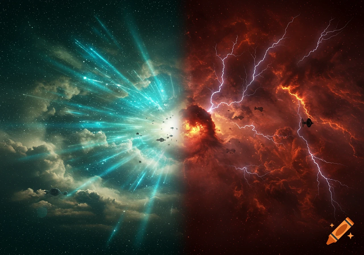 Cosmic scene split between a bright teal, star-filled side with light rays and a fiery red, lightning-filled side, with spaceship-like objects.