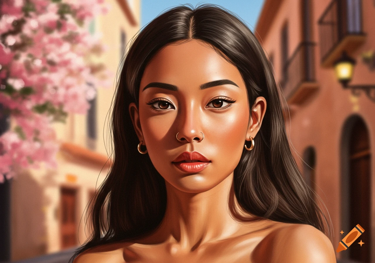 Digital painting of a multiracial woman with dark hair, nose ring, and hoop earrings, against a blurred backdrop of buildings and pink flowers.