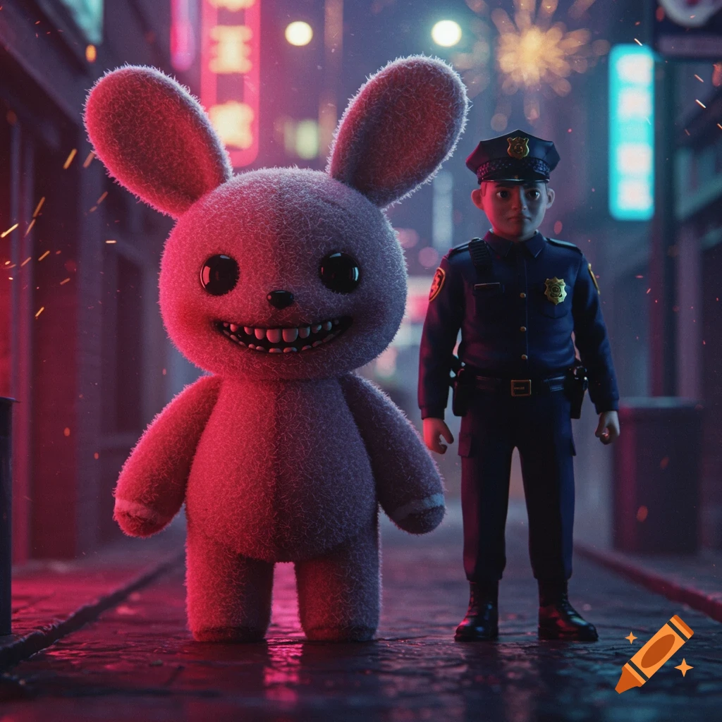 A creepy purple plush rabbit with sharp teeth stands next to a small police officer doll on a wet city street at night with neon lights.