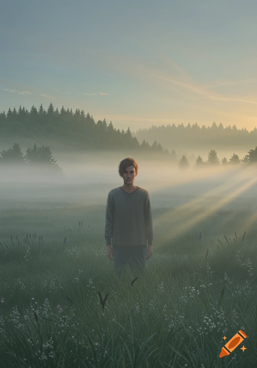 A young person stands in a misty, green field at sunrise, with a forest in the background and light rays breaking through.