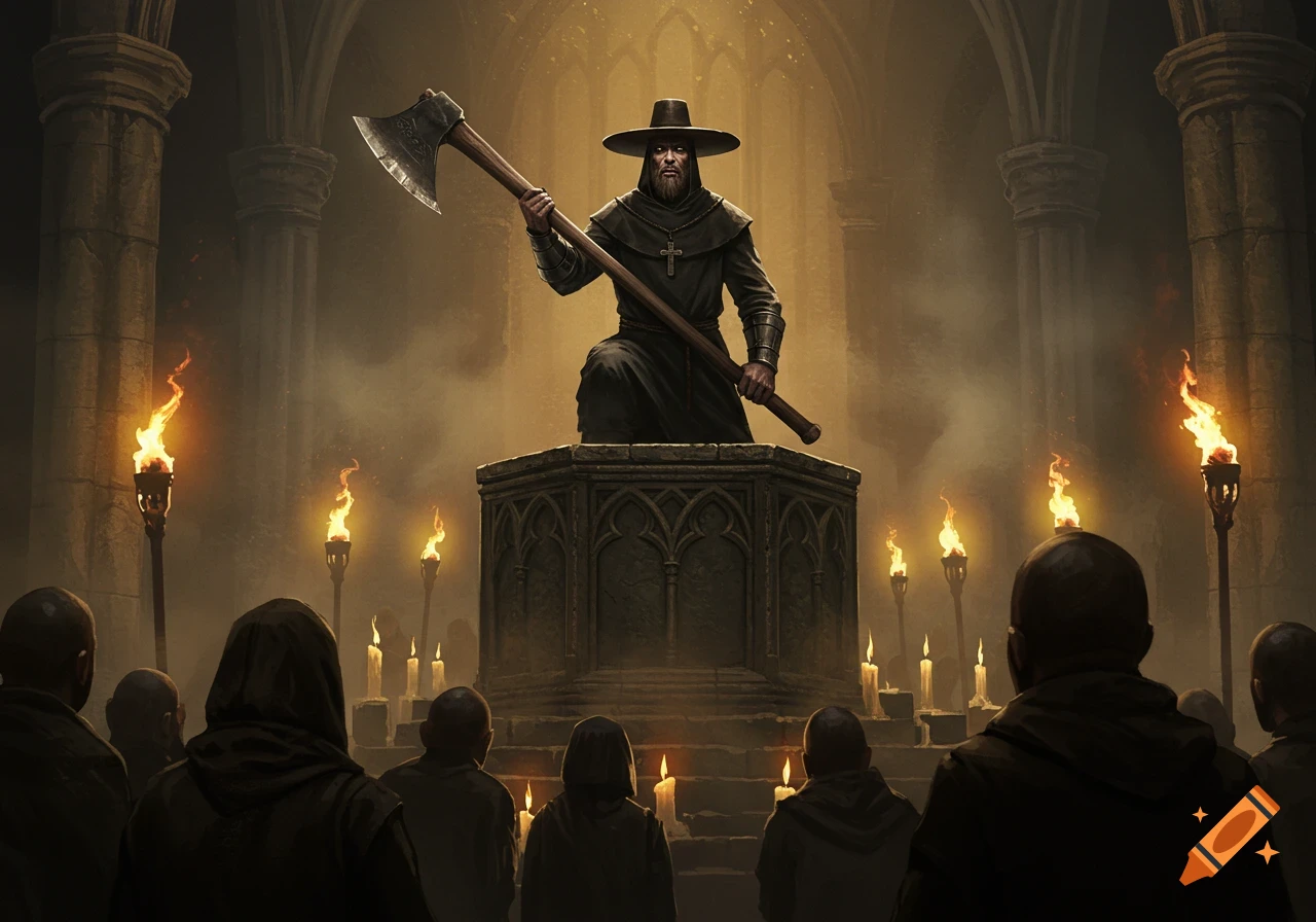 A dark figure in a wide-brimmed hat sits on a stone pedestal, holding a large axe, in a torch-lit gothic hall.