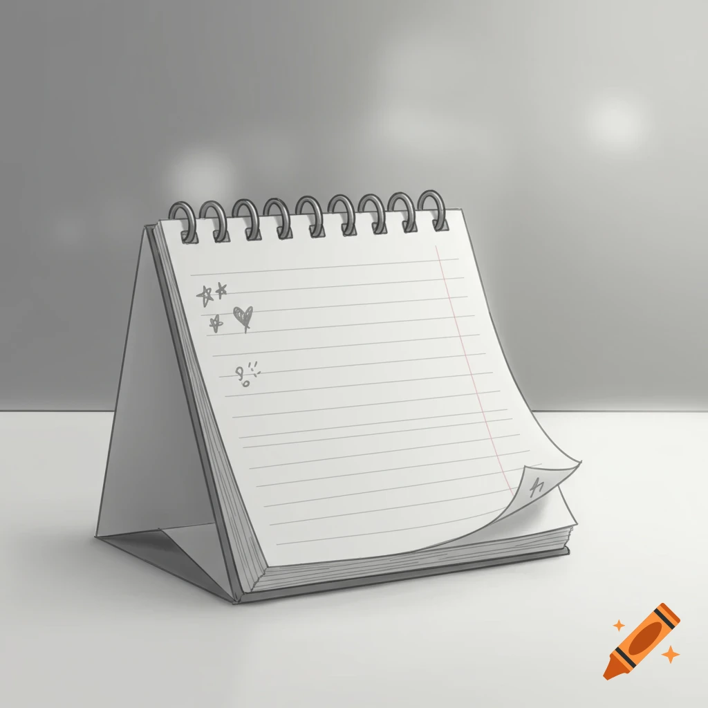 A monochromatic sketch of a wire-bound notepad standing on a desk with ruled paper and doodles of stars and a heart on the visible page.