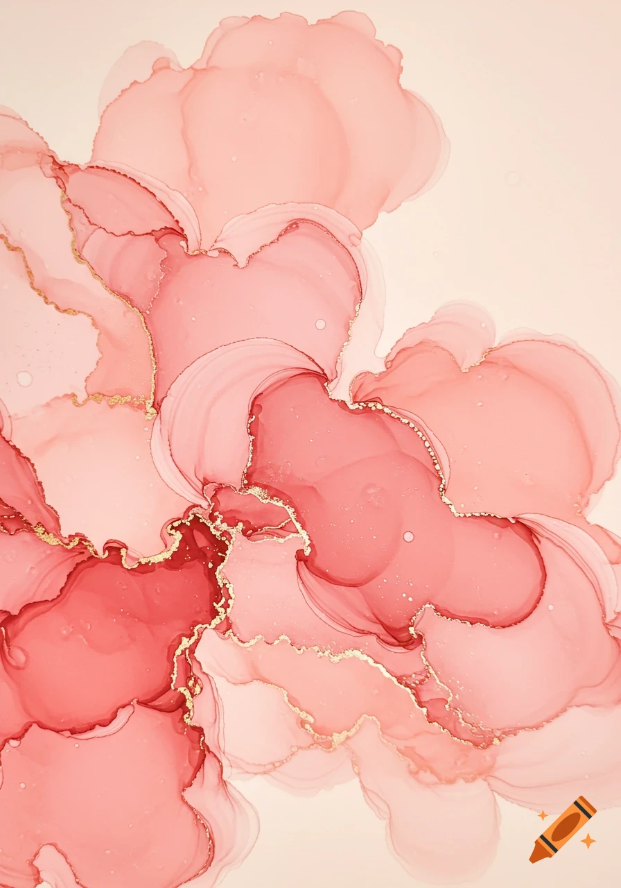 Abstract art with flowing pink and blush alcohol ink shapes accented by gold lines.