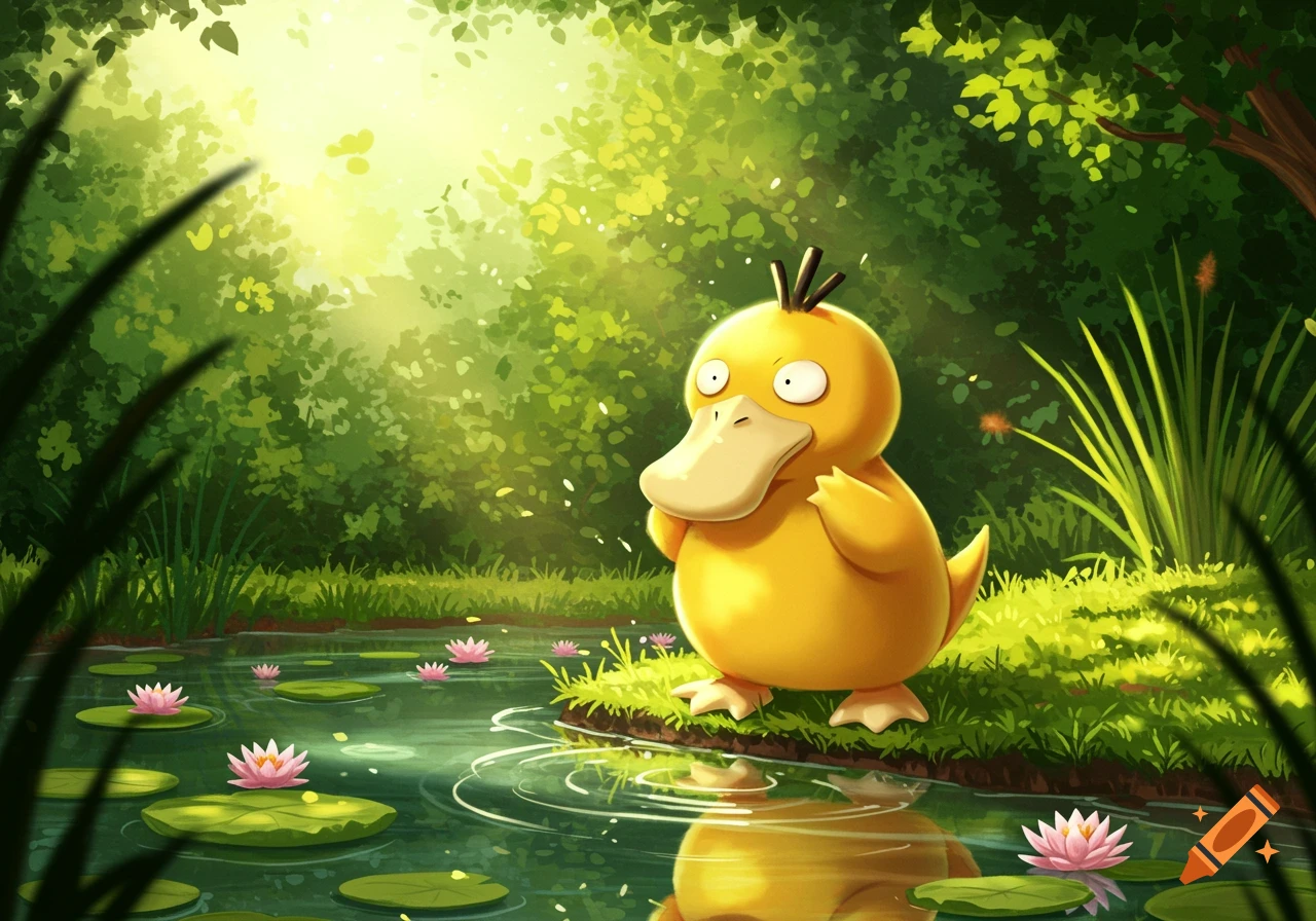 A wide-eyed yellow Psyduck stands by a pond with pink water lilies in a sunlit green forest, illustrated in a vibrant cartoon style.