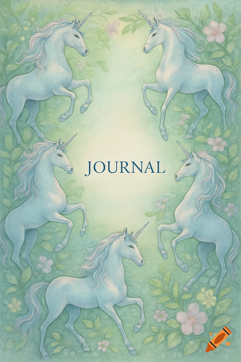 Five white unicorns arranged in a circle surrounded by green leaves and pastel flowers, with the word 'JOURNAL' in the center, in a soft illustrated style.