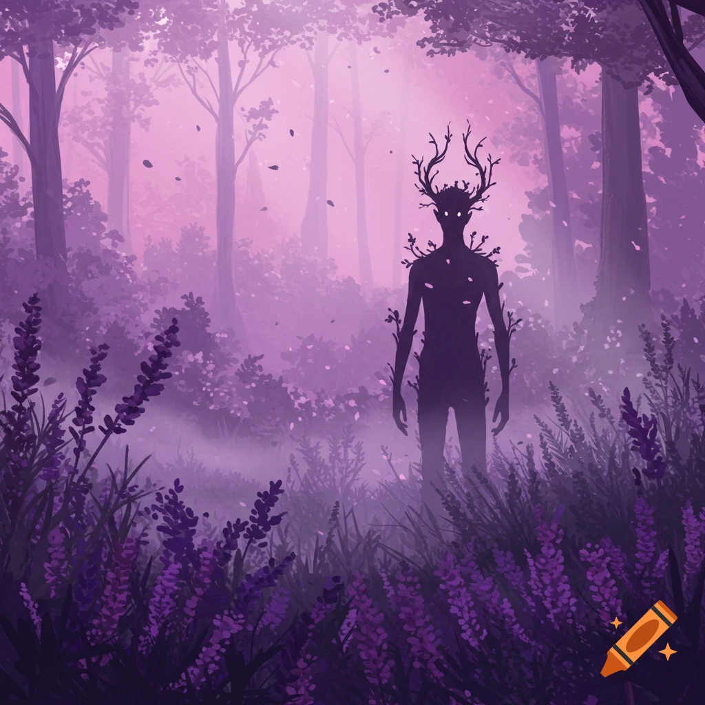 A tall, silhouetted nature god with antlers stands in a misty lavender forest filled with flowering plants.