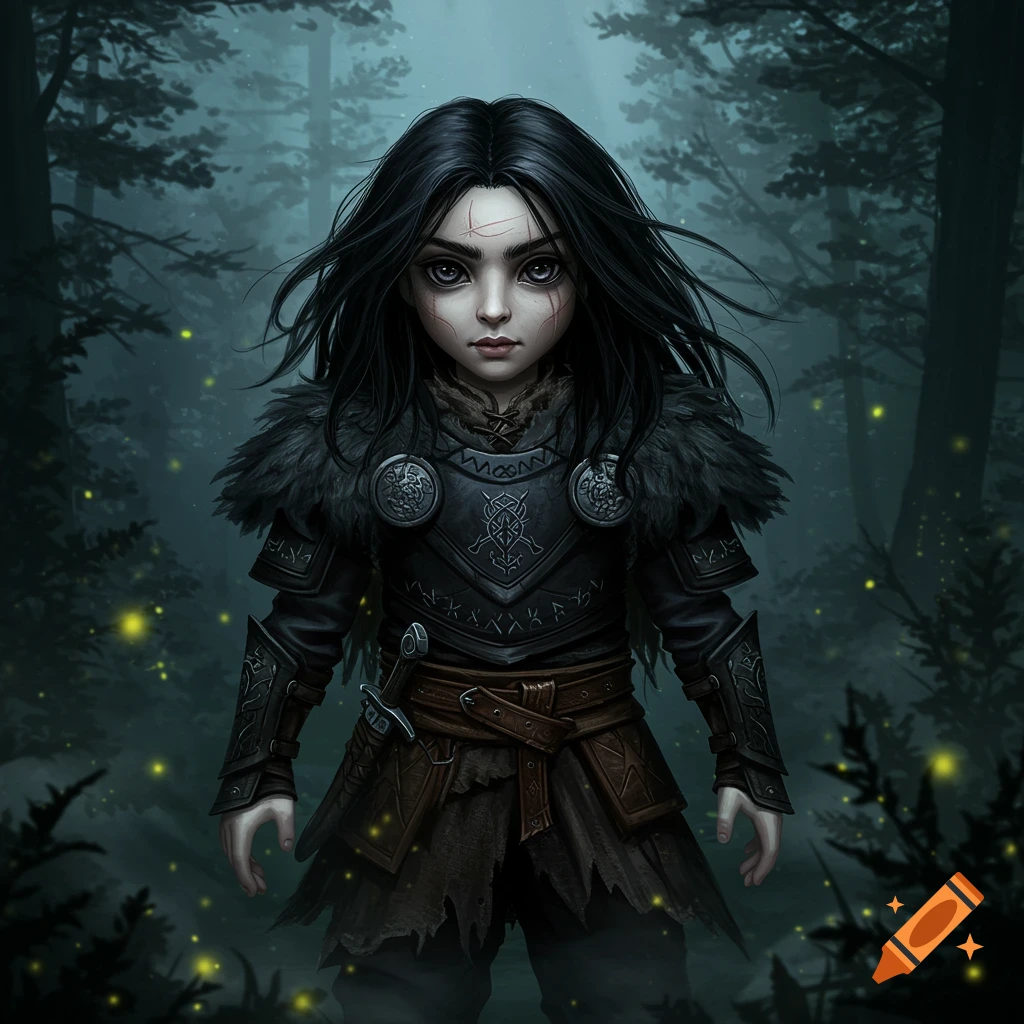 A stylized digital painting of a dark-haired, doll-like fantasy girl in armor standing in a misty, dark forest with glowing lights.