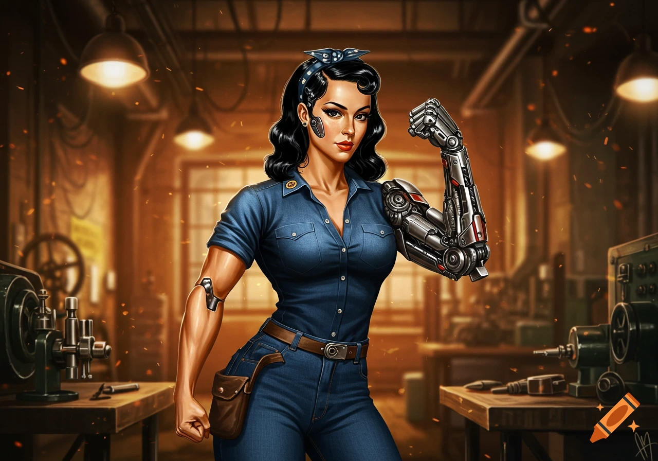 A stylized illustration of a Rosie the Riveter-inspired woman with one bionic arm flexing in an industrial workshop.