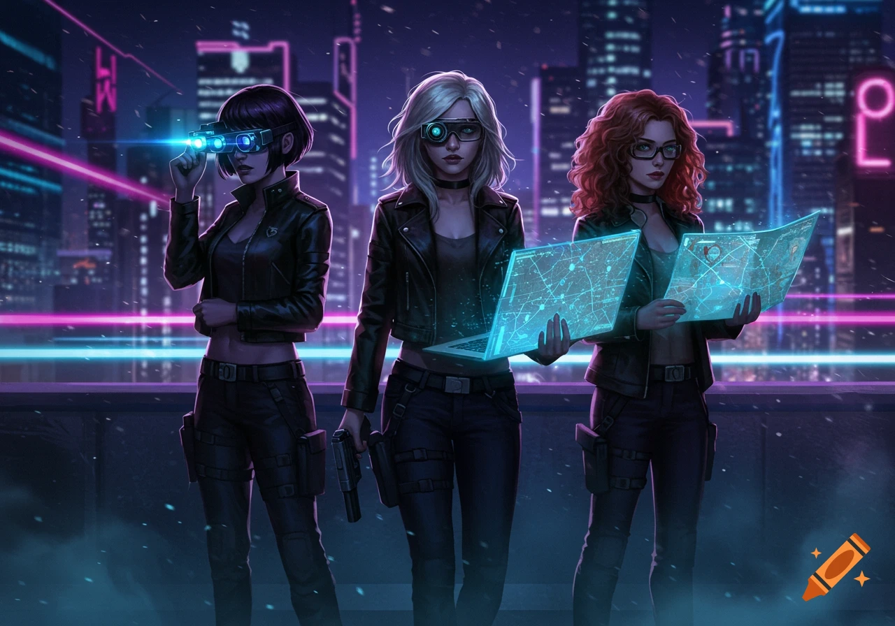 Three women in black tactical gear and glowing tech glasses hold neon devices against a cyberpunk city background at night.