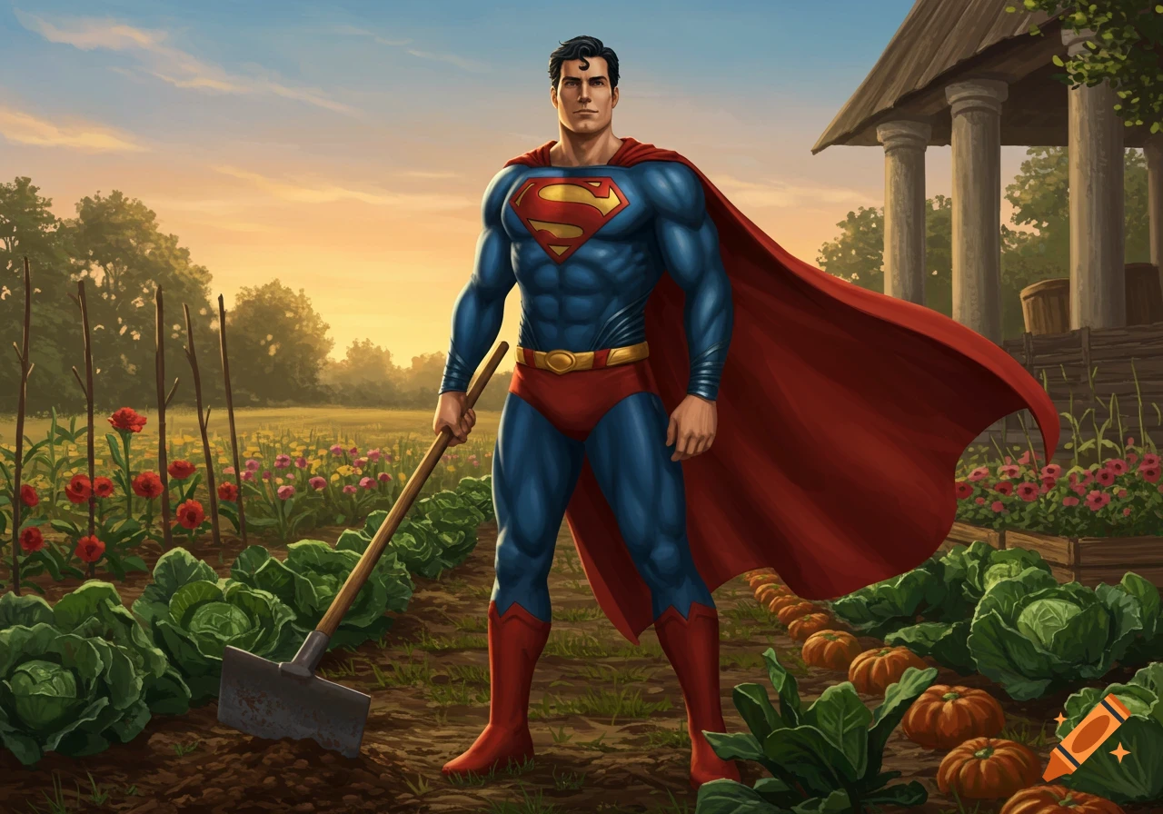 Superman in his blue and red suit stands in a sunny garden holding a hoe, with rows of vegetables and a farm building in the background.