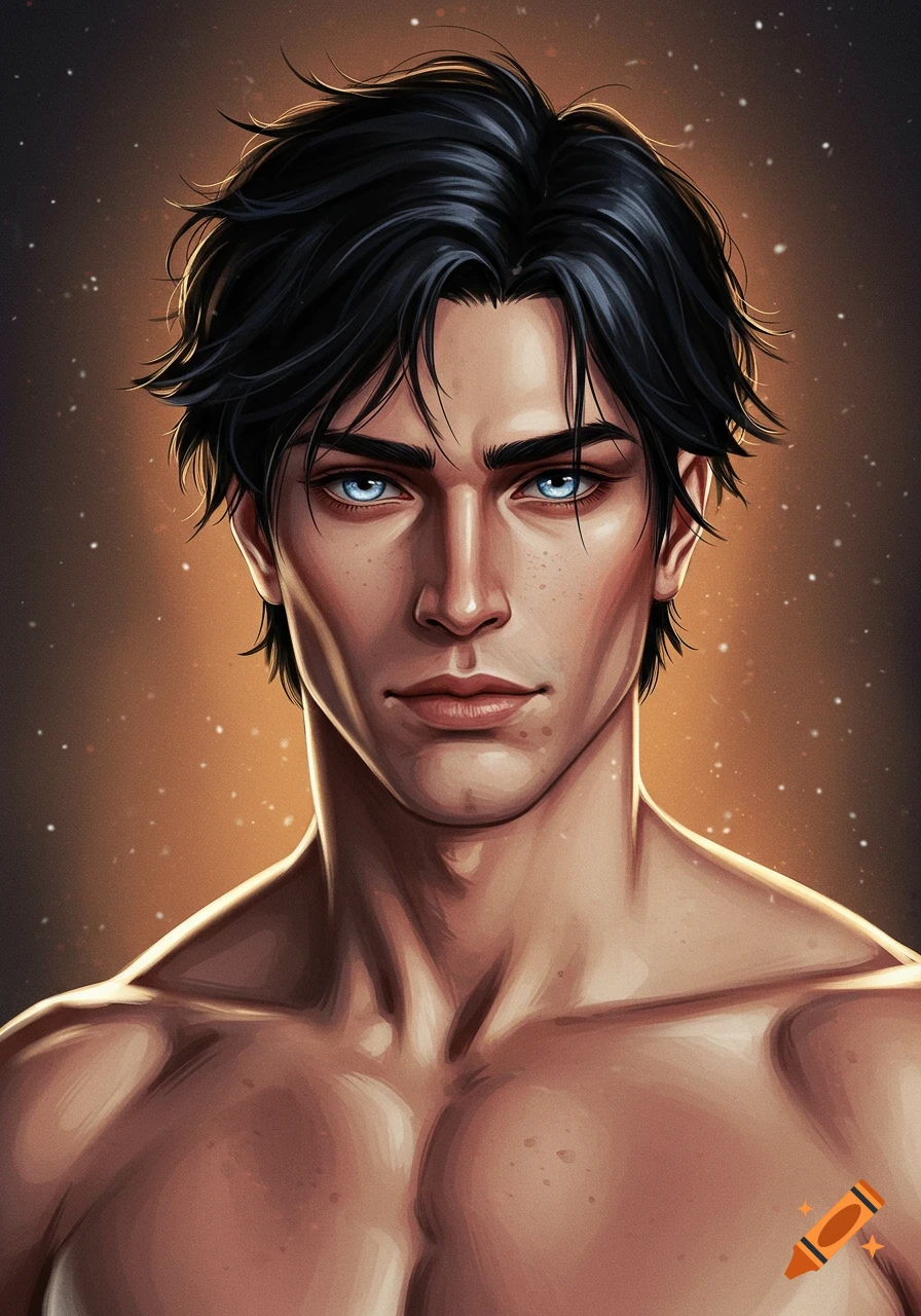 A close-up illustration of a handsome man with dark, messy hair, striking blue eyes, and a muscular, shirtless chest against a warm, starry background.