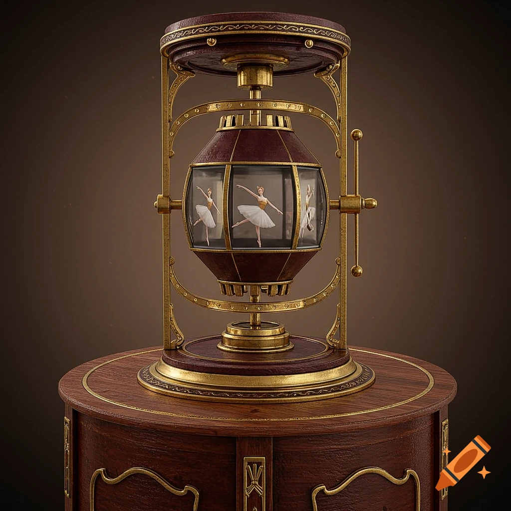 A detailed vintage zoetrope crafted from wood and brass, featuring ballerinas within its viewing panels.
