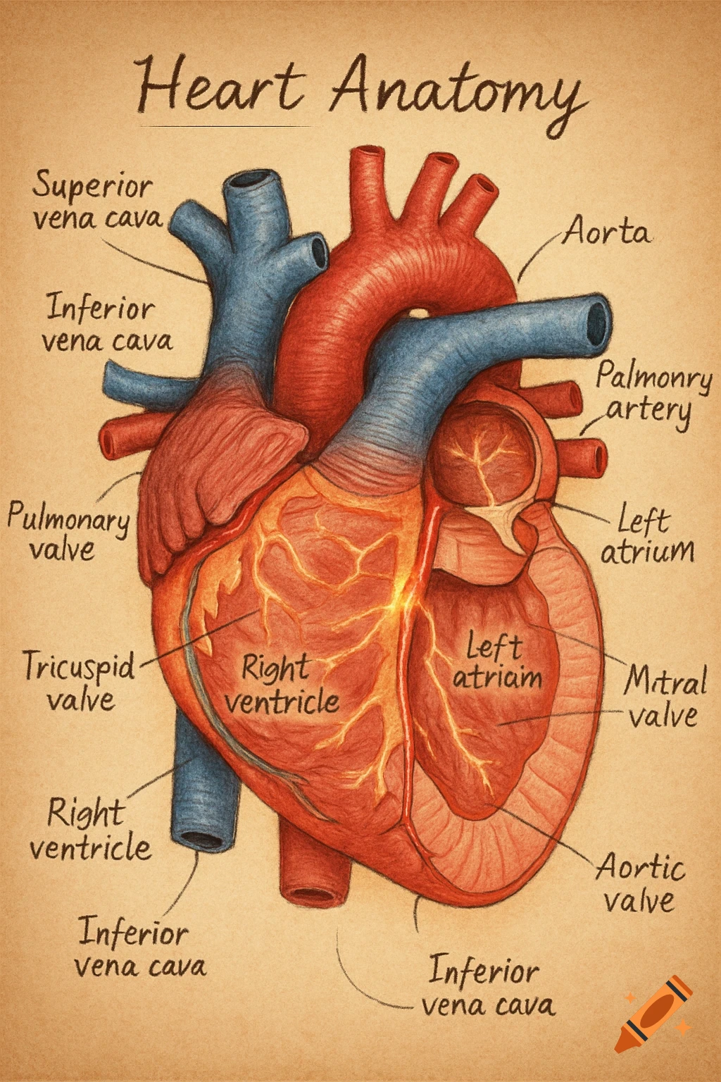 A detailed, hand-drawn diagram of human heart anatomy with labels for chambers, valves, and blood vessels on a textured brown background.