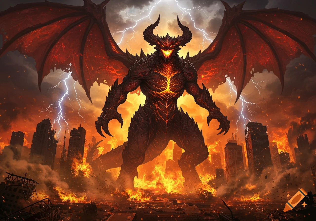 A colossal horned demon with fiery cracks and red wings stands in a burning, ruined city under a stormy, lightning-filled sky.