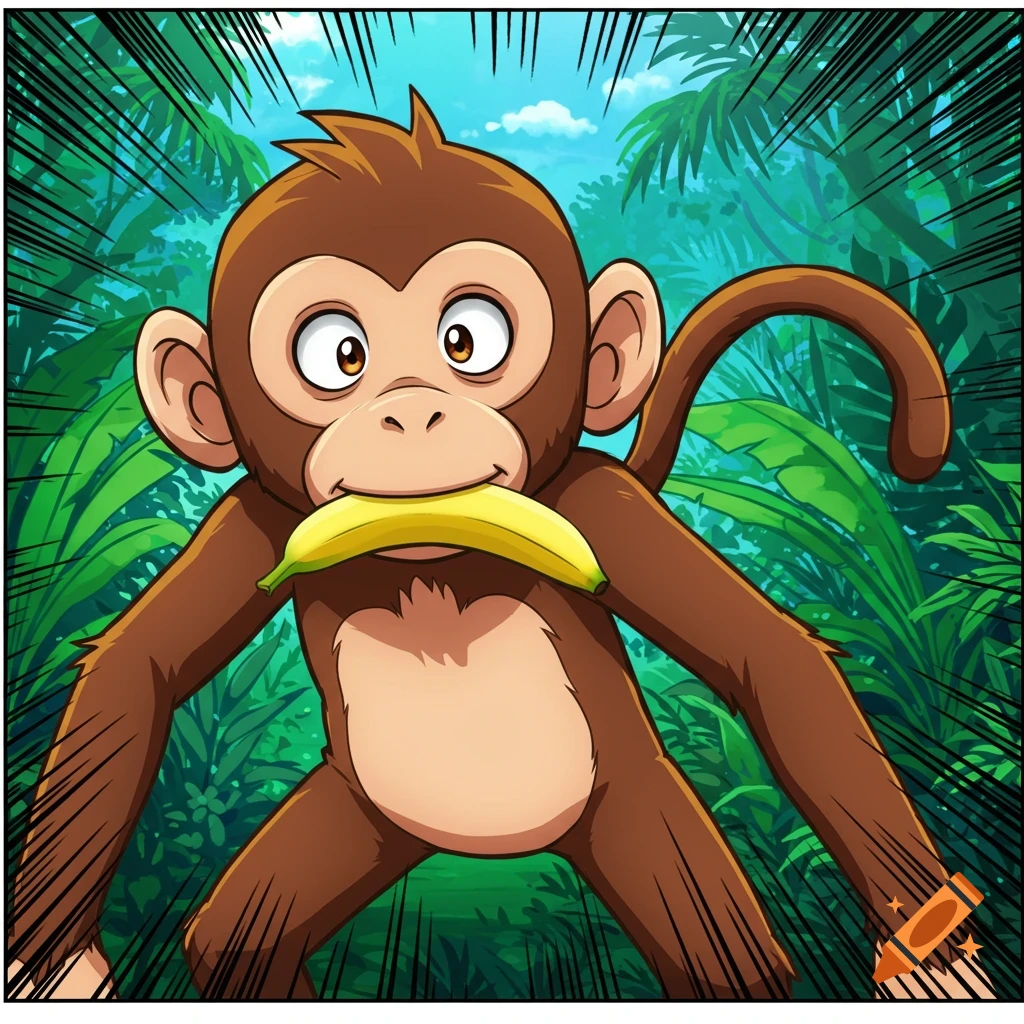 A brown cartoon monkey holds a banana in its mouth, looking distraught, against a green jungle background with speed lines in comic anime style.