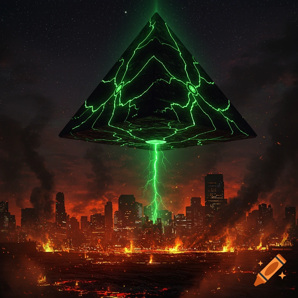A massive glowing green pyramid hovers over a burning cityscape under a dark, starry night sky, with a green beam emanating from its base.