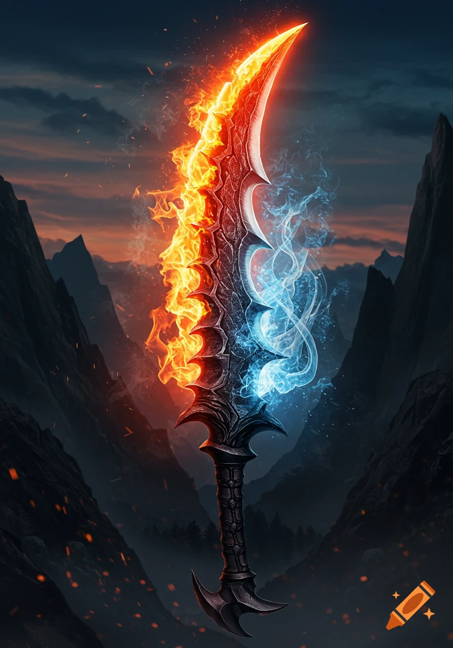 A fantasy sword, half engulfed in orange fire and half in blue ice, against a dark mountain landscape at dusk.