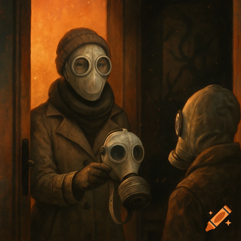 A person in a beanie and gas mask holds out another gas mask to a second person at a doorway in a dark, painterly style.