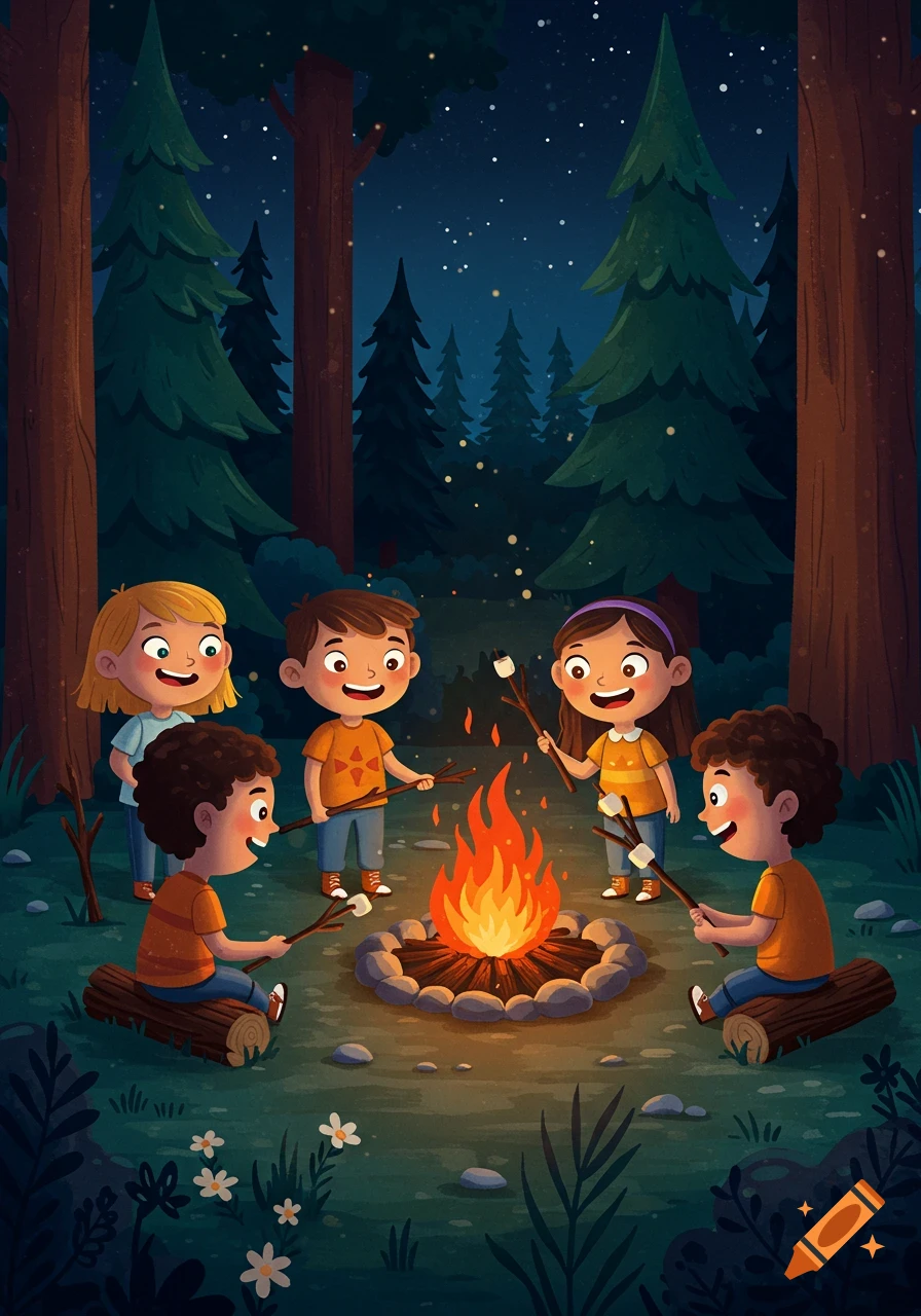 Cartoon illustration of five happy children roasting marshmallows around a campfire in a dark forest at night.