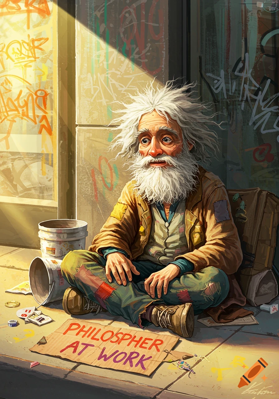 An old, unkempt man with wild white hair and a beard sits on a city sidewalk next to a sign that reads "PHILOSOPHER AT WORK." Sunlight illuminates him against a graffiti-covered wall.